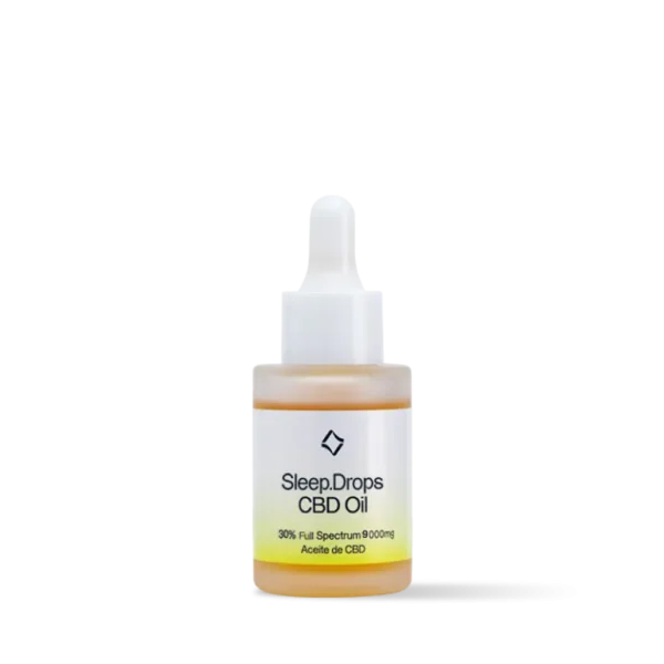 Frasco de CBD para dormir con etiqueta amarilla 'Sleep Drops Oil' con de espectro completo,con fondo amarillo.